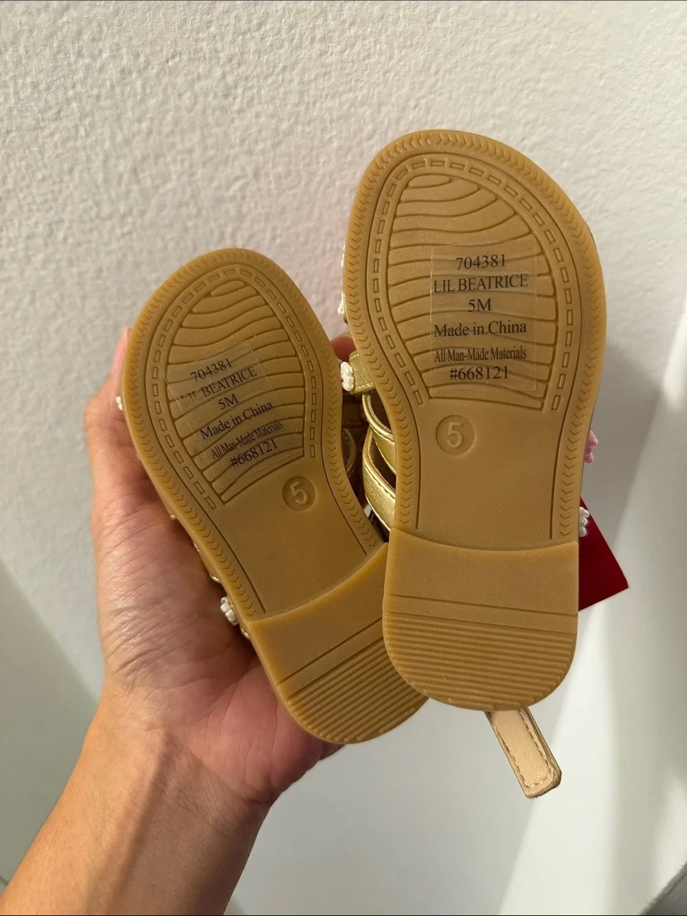 Girls' Gold Sandals with Pink & White Beaded Straps